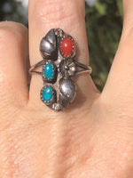 Vintage Native American Indian turquoise red coral sterling silver old pawn Southwestern 925 size 7 Navajo