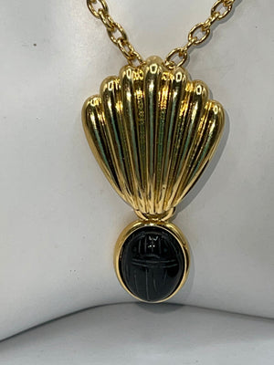 Vintage Gold Tone Black Onyx Stones Clip on Earrings & Pendant