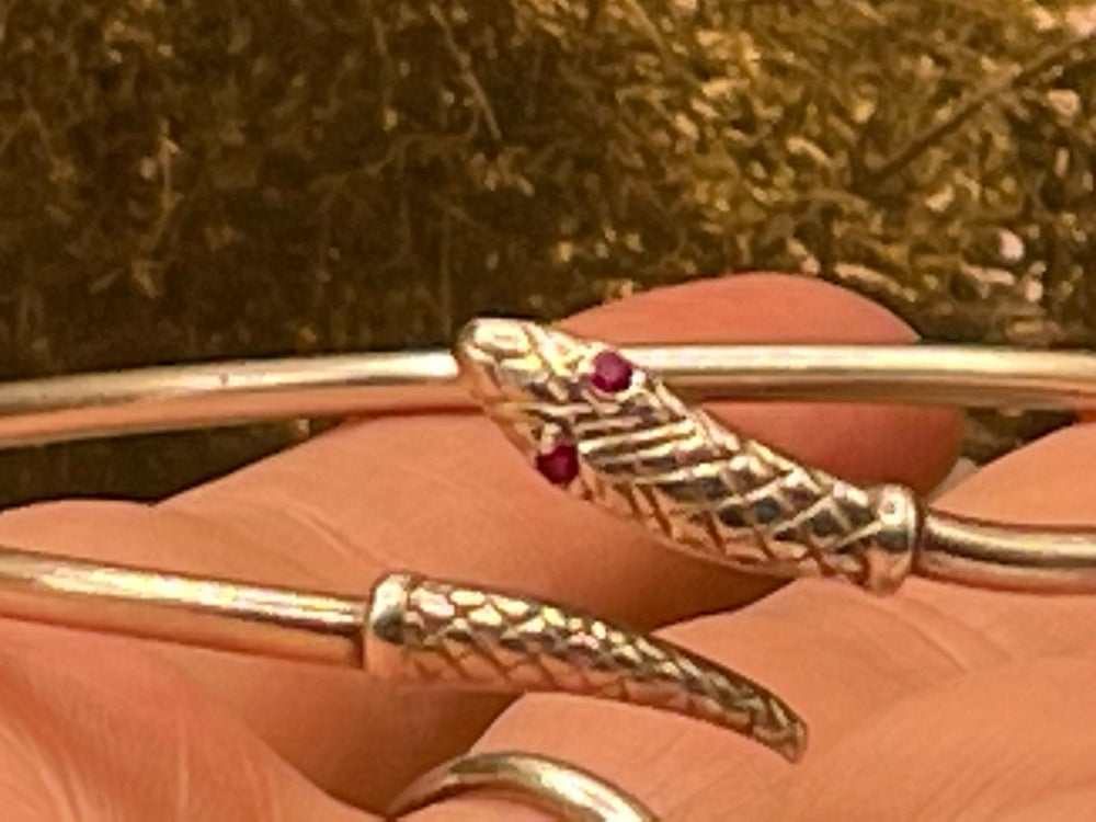 stunning Sterling Silver Snake - Serpent Bangle Bracelet Ruby Eyes Birmingham 1980’S Victorian Style Rare
