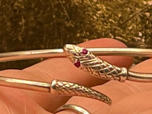 stunning Sterling Silver Snake - Serpent Bangle Bracelet Ruby Eyes Birmingham 1980’S Victorian Style Rare
