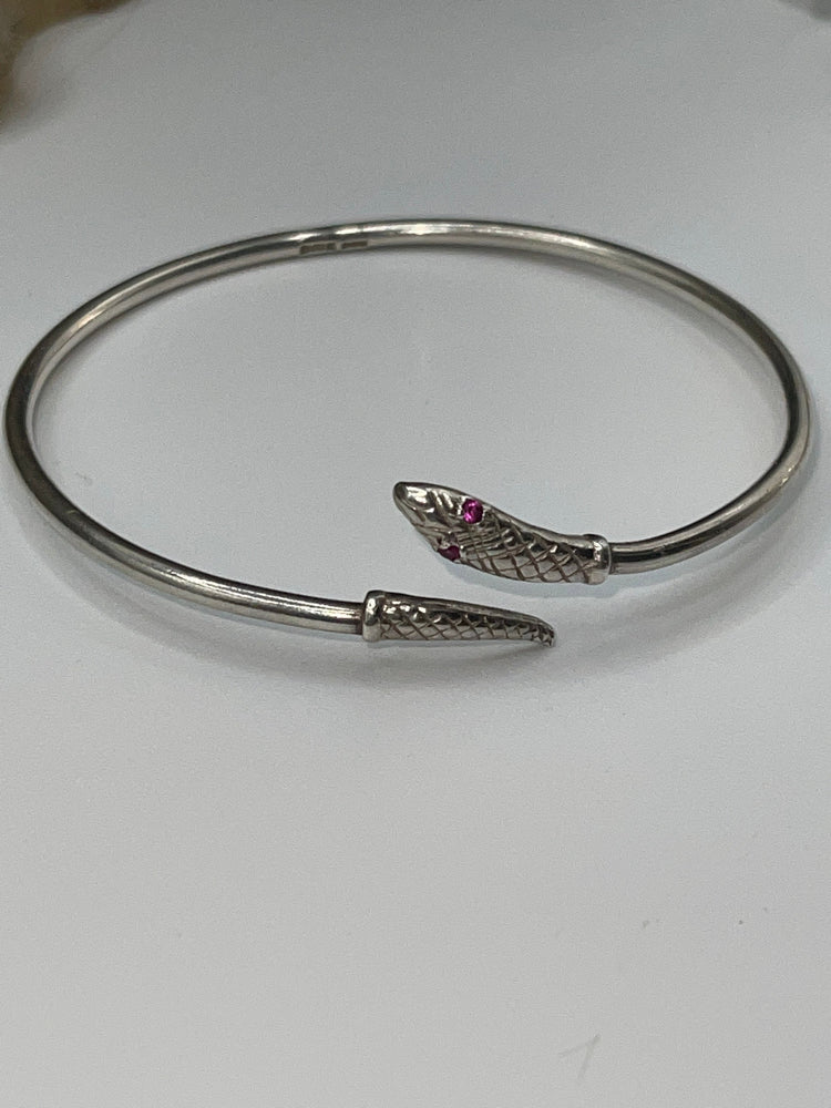 stunning Sterling Silver Snake - Serpent Bangle Bracelet Ruby Eyes Birmingham 1980’S Victorian Style Rare