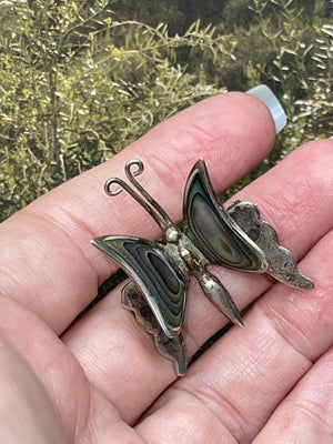 Vintage Taxco Mexico Butterfly Brooch - Abalone & Sterling Silver 925
