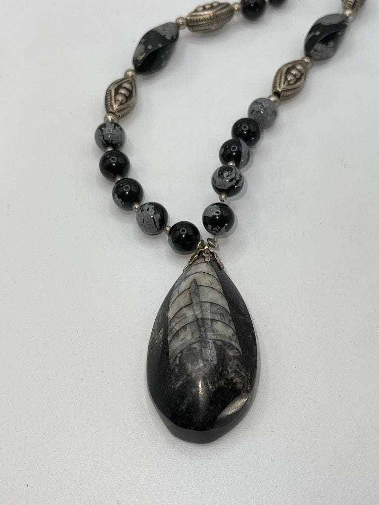 Vintage Orthoceras Fossil Pendant Black and White snow Obsidian + Silver Beaded Necklace Unique Nice and Long @30 Inches