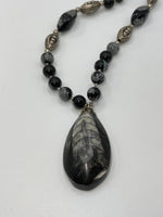 Vintage Orthoceras Fossil Pendant Black and White snow Obsidian + Silver Beaded Necklace Unique Nice and Long @30 Inches