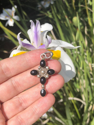 Vintage sterling silver Black onyx gemstone cross crucifix for necklace Mexico 925 Taxco