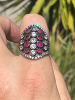 Designer Bora Yasar brutalist- modernist ring pink rubies clear Cz gemstones Size 7.25 stunning
