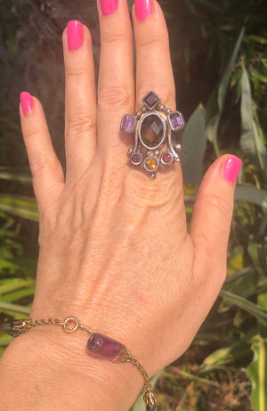 Amazing unique big gemstone ring smoky quartz, amethyst, Garnet citrine. Ring sterling silver 925 Queen/ king  Size 10 Medieval