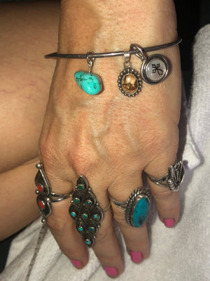 Vintage Sterling Silver Bangle Bracelet Southwestern with Charms Turquoise Mother of Pearl Agate Charms 925