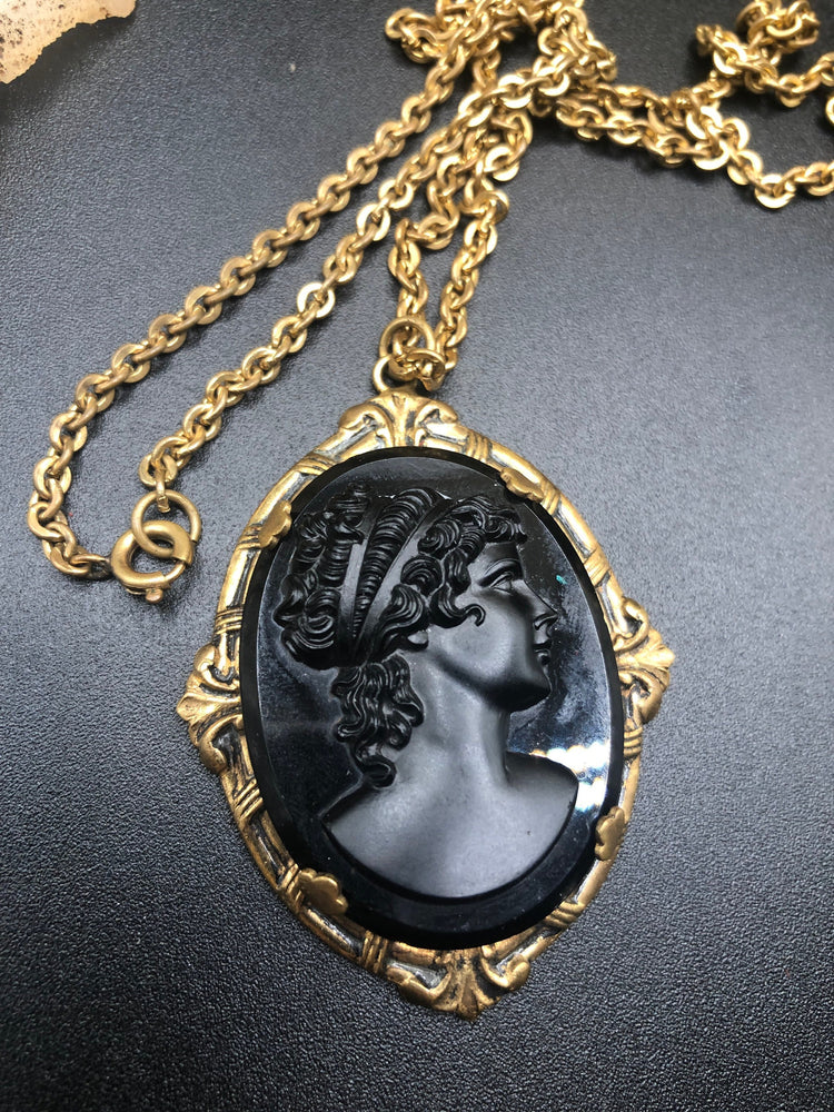 antique art deco black molded glass cameo lady  gold filled chain pendant necklace beautiful piece Victorian revival