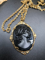 antique art deco black molded glass cameo lady  gold filled chain pendant necklace beautiful piece Victorian revival