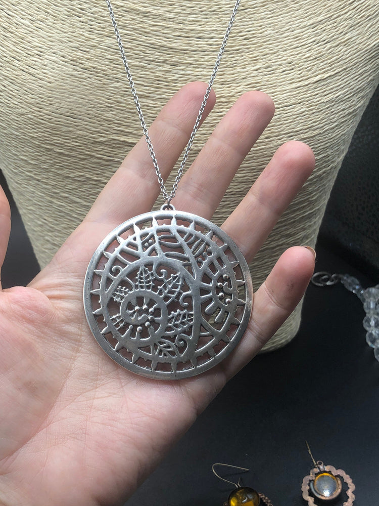 Antique art nouveau large floral circle round pendant Poinsettia Art deco silver and sterling silver chain atlas