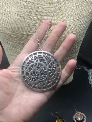 Antique art nouveau large floral circle round pendant Poinsettia Art deco silver and sterling silver chain atlas
