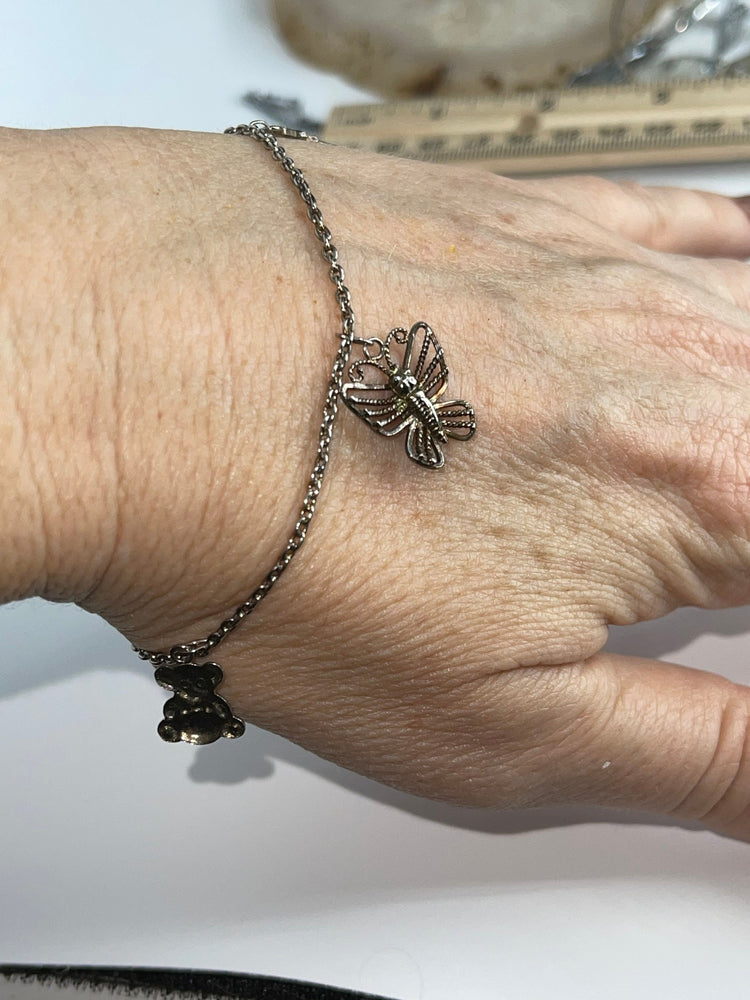 Vintage Sterling Silver 925 Charm Bracelet Teddy Bear Puffy Heart Butterfly Bell Clown Charms