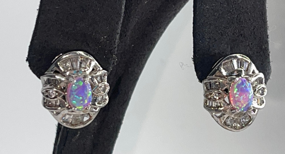 Vintage Cubic Zirconia & Fire Opal Stud Earrings - Sterling Silver 925 CZs