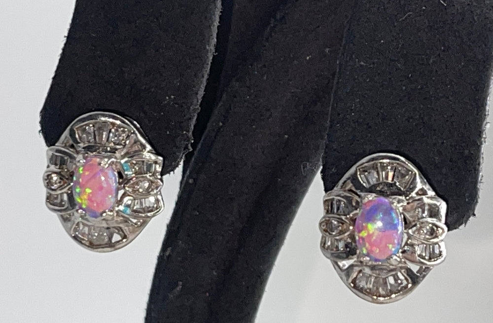 Vintage Cubic Zirconia & Fire Opal Stud Earrings - Sterling Silver 925 CZs