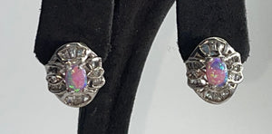 Vintage Cubic Zirconia & Fire Opal Stud Earrings - Sterling Silver 925 CZs
