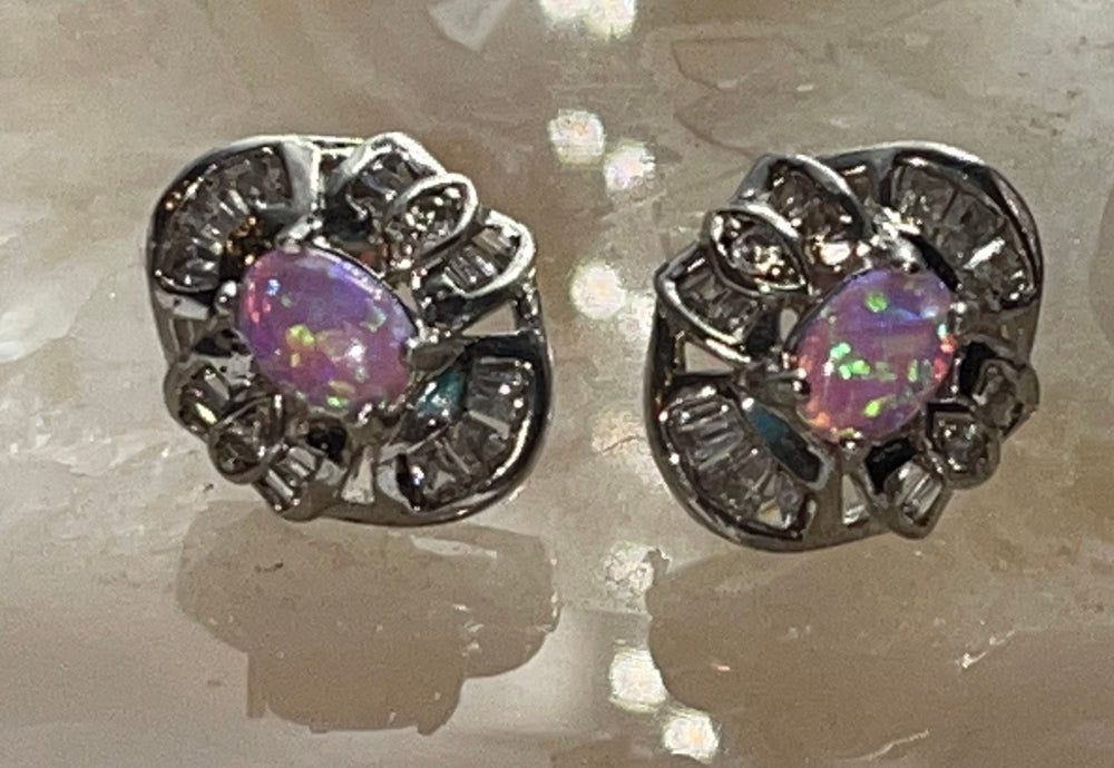 Vintage Cubic Zirconia & Fire Opal Stud Earrings - Sterling Silver 925 CZs