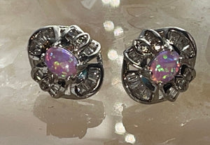 Vintage Cubic Zirconia & Fire Opal Stud Earrings - Sterling Silver 925 CZs
