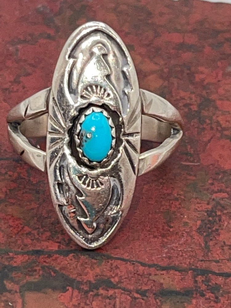 Beautiful Native American Indian Ring Turquoise Sterling Silver Shadowbox Signed LB Size 9 Southwestern