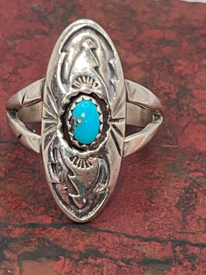 Beautiful Native American Indian Ring Turquoise Sterling Silver Shadowbox Signed LB Size 9 Southwestern