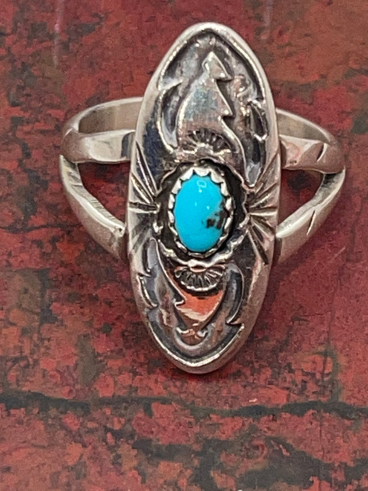Beautiful Native American Indian Ring Turquoise Sterling Silver Shadowbox Signed LB Size 9 Southwestern