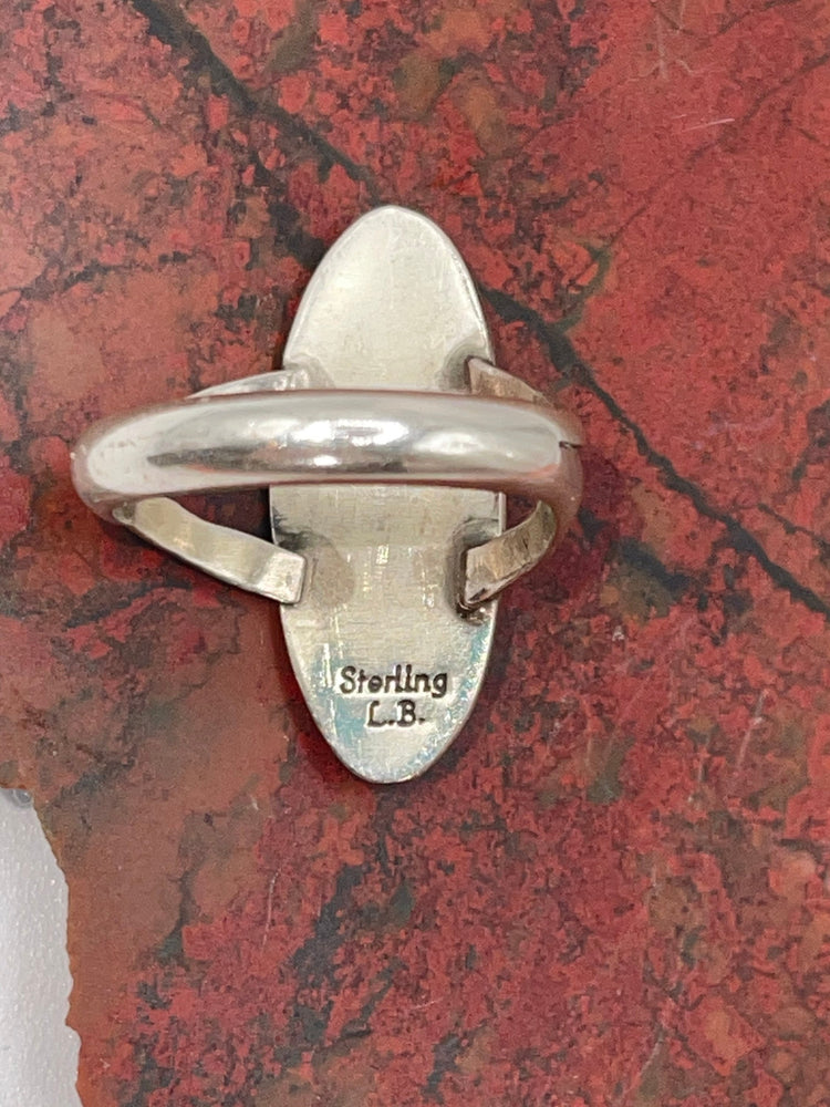 Beautiful Native American Indian Ring Turquoise Sterling Silver Shadowbox Signed LB Size 9 Southwestern