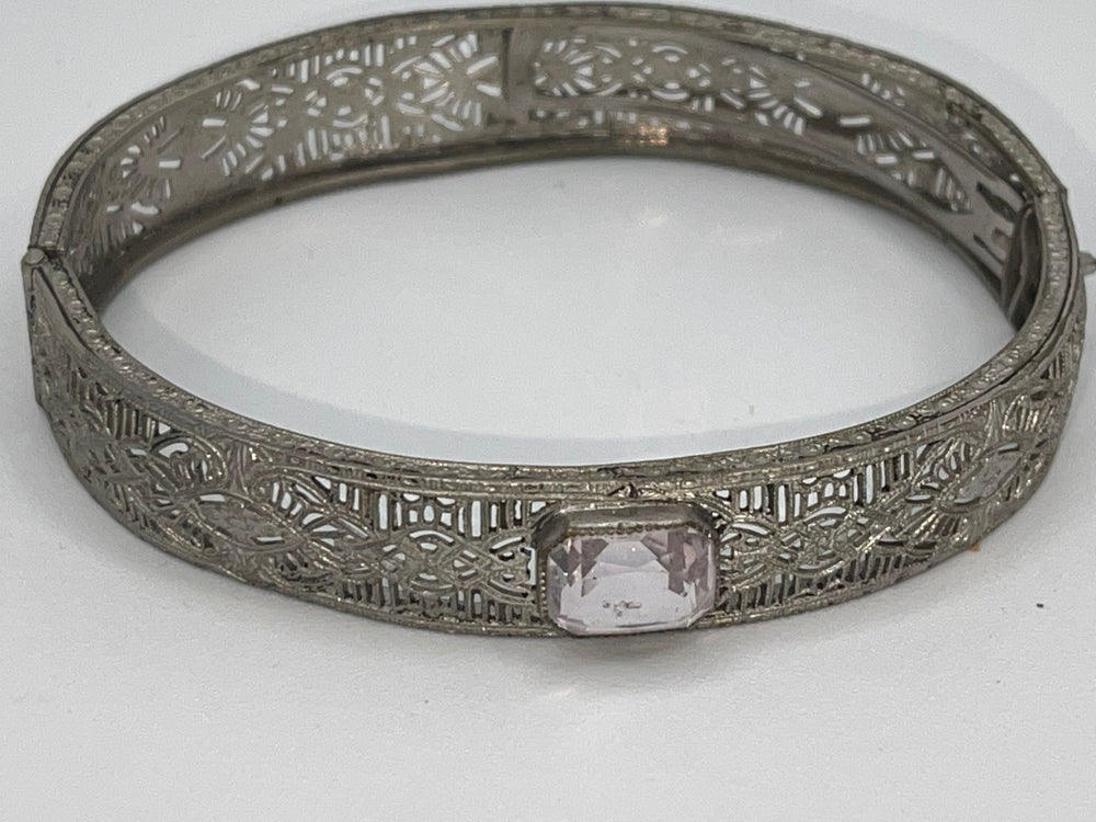 Antique Art Deco Filigree Silver-tone Bracelet Gemstone or Glass Centerpiece