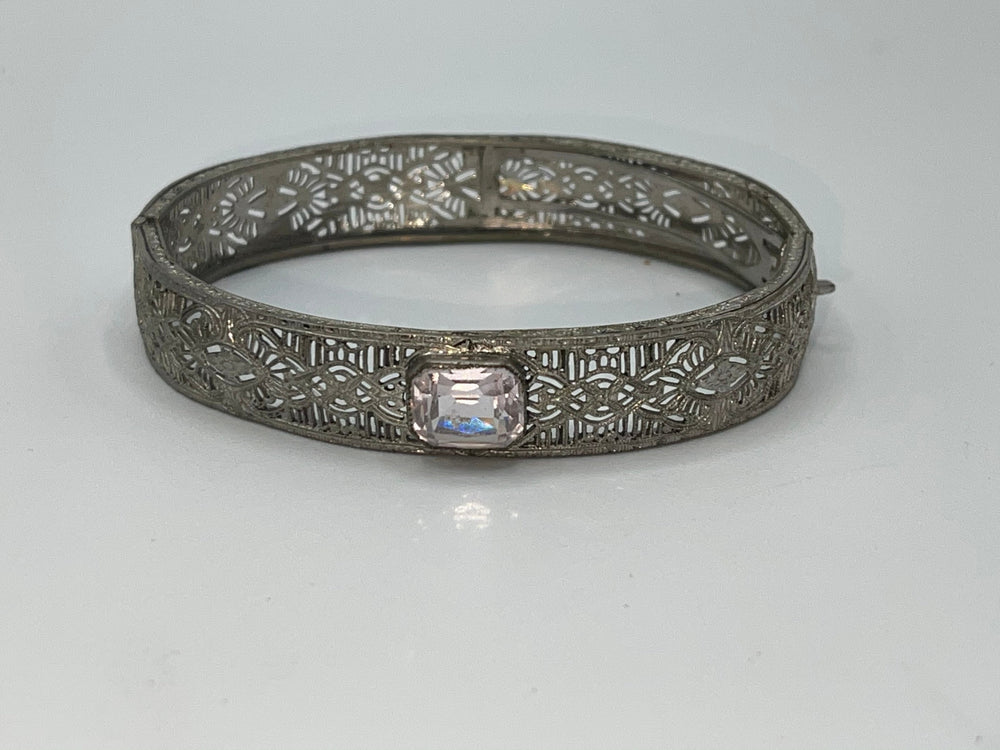 Antique Art Deco Filigree Silver-tone Bracelet Gemstone or Glass Centerpiece