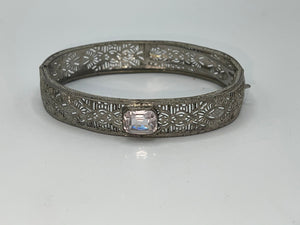 Antique Art Deco Filigree Silver-tone Bracelet Gemstone or Glass Centerpiece