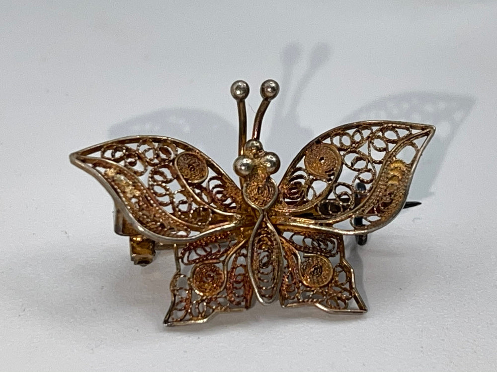 Victorian Edwardian 800 Silver Gold Vermeil Filigree Butterfly Brooch