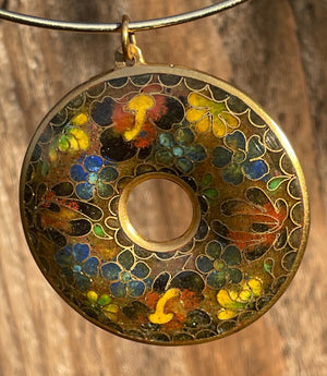Big Vintage Cloisonné Donut Pendant Round Collar Necklace Gold Tone