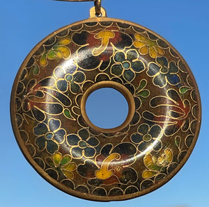 Big Vintage Cloisonné Donut Pendant Round Collar Necklace Gold Tone