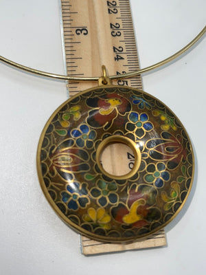 Big Vintage Cloisonné Donut Pendant Round Collar Necklace Gold Tone