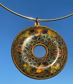 Big Vintage Cloisonné Donut Pendant Round Collar Necklace Gold Tone