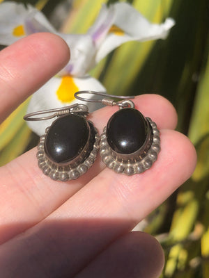 Vintage Black Onyx Gemstone Earrings - Mexico Sterling Silver Earrings 925