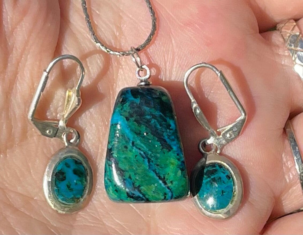 Vintage Chrysocolla Earrings & Pendant / Necklace Set  Sterling Silver 925