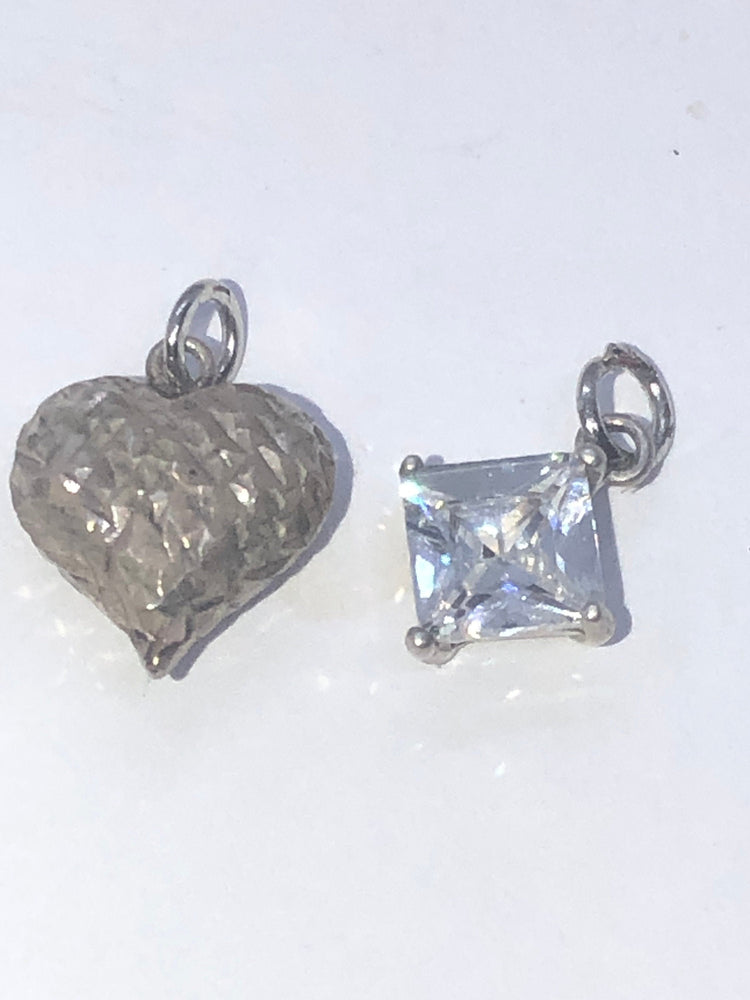 Vintage Sterling Silver Heart & Cubic Zirconia CZ Pendant - Lot of Two Small Charms/Pendants