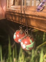 Vintage Chinese Export  Cloisonné Large Bead Earrings Ceramic Hand Painted Large Ear Hook Red/Brass