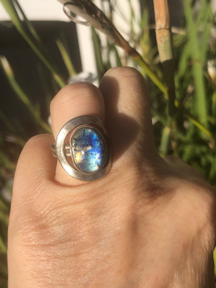 Vintage Modernist Foil Spot Art Glass Ring Abstract Blue Sterling Silver 925 Ring Size 5.5
