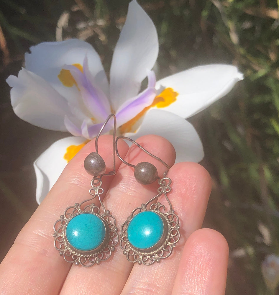 Antique Victorian Blue Turquoise Filigree Dangle Earrings - Sterling Silver 925