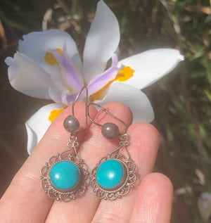 Antique Victorian Blue Turquoise Filigree Dangle Earrings - Sterling Silver 925