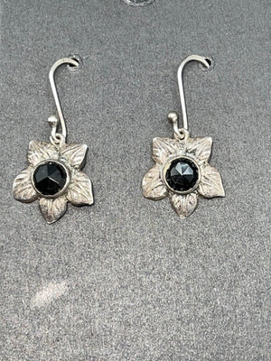 Vintage Black Onyx Sterling Silver 925 Dangle Flower Earrings
