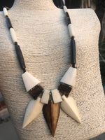 Vintage Antique Bone /Horn  Beaded Necklace Unusual White & Dark Brown Carved Barrel Beads Leaves Men’s or women’s Tribal