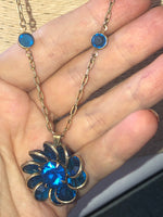 Rare Vintage antique Bezel set deep blue Swarovski? Crystals necklace  on gold filled chain with crystal flower absolutely stunning!!