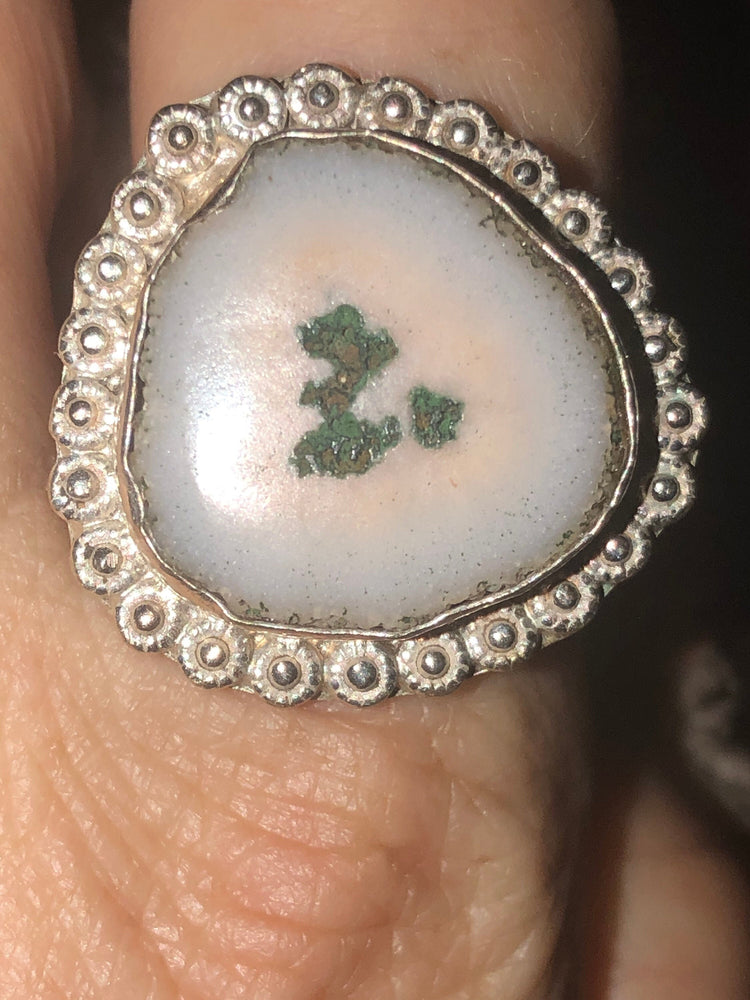 Vintage sterling silver white and green Mossy agate gemstone ring 925 size 7.5