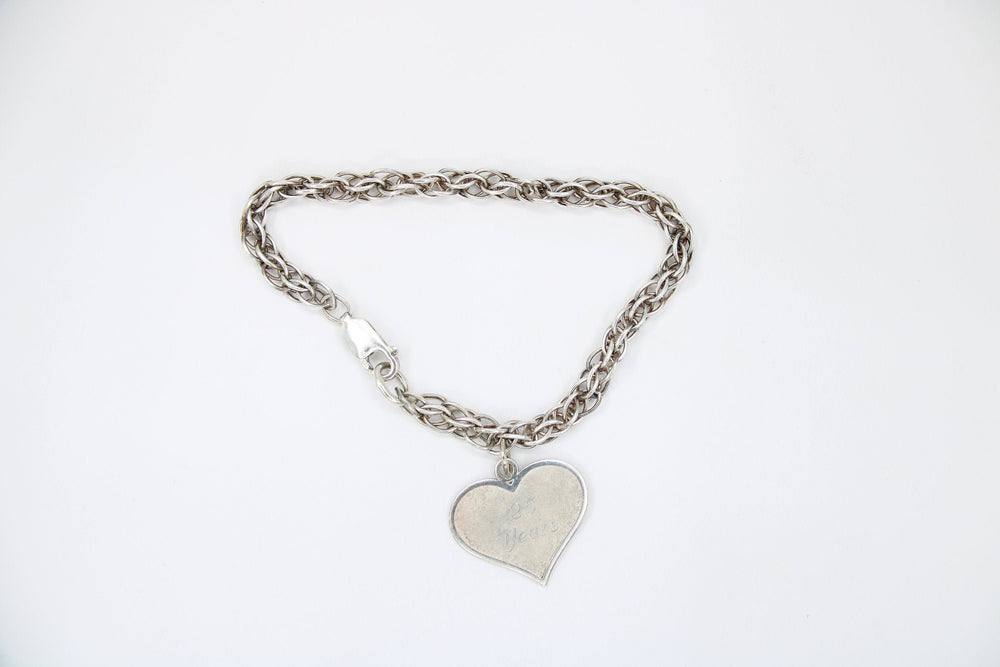 Vintage Sterling Silver Rope Chain Bracelet 25 Years Of Gods Blessings Silver Anniversary Heart Charm JC 925