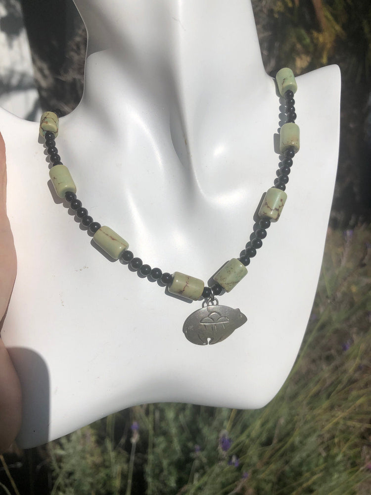 Vintage Green Turquoise or Variscite Black Onyx Necklace Sterling Silver Zuni Fetish Bear Pendant Native American