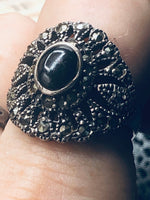 Vintage antique art deco marcasites and black onyx sterling silver ring 925 large. Size 7.75