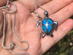 Beautiful Crushed blue opal inlaid sterling silver turtle pendant  925 nice long sterling silver Bismark ? chain 18 inch  necklace sea ocean
