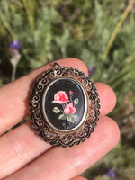 Antique Victorian Edwardian floral filigree  800 silver Germany Brooch and pendant for necklace 14kt trim hand painted painting